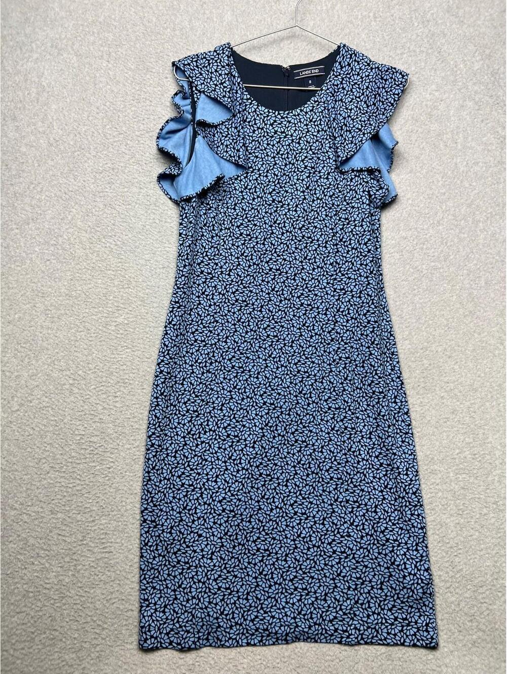 Lands' End Womens Sheath Dress 8 Flutter Sleeve Blue Floral Stretch Knit Career